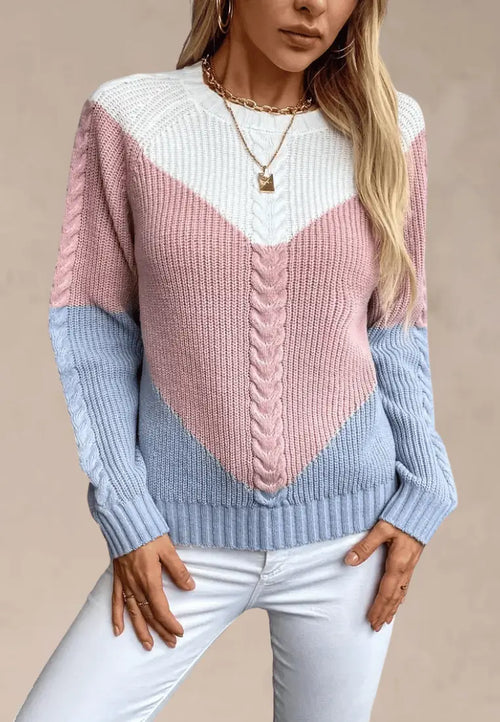 Pastelowy sweter damski w pasy z okrągłym dekoltem