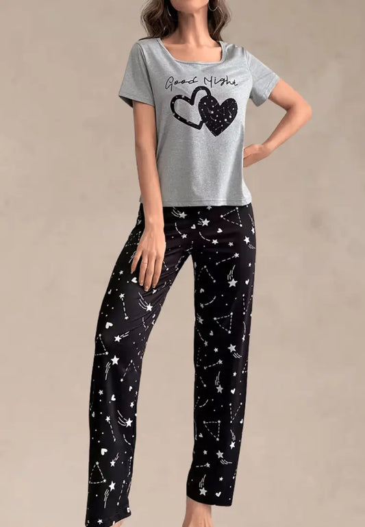 Szary komplet piżamowy damski z krótkim rękawem i długimi spodniami