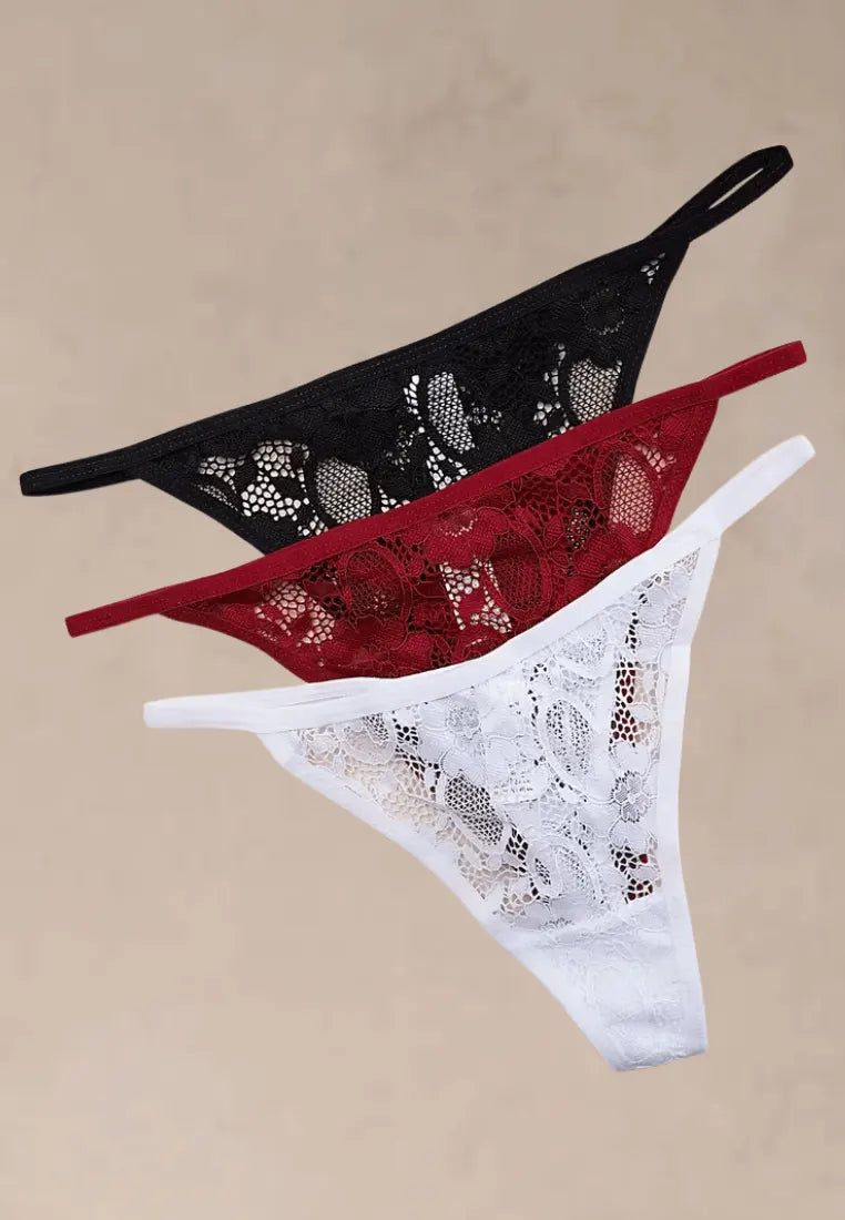 Zestaw 3 szt. stringi majtki damskie koronkowe bawełniane czarne, czerwone i białe