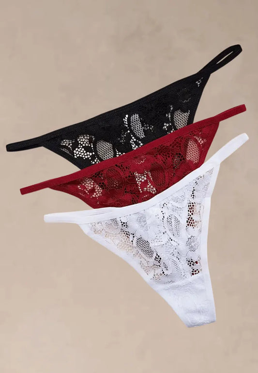 Zestaw 3 szt. stringi majtki damskie koronkowe bawełniane czarne, czerwone i białe