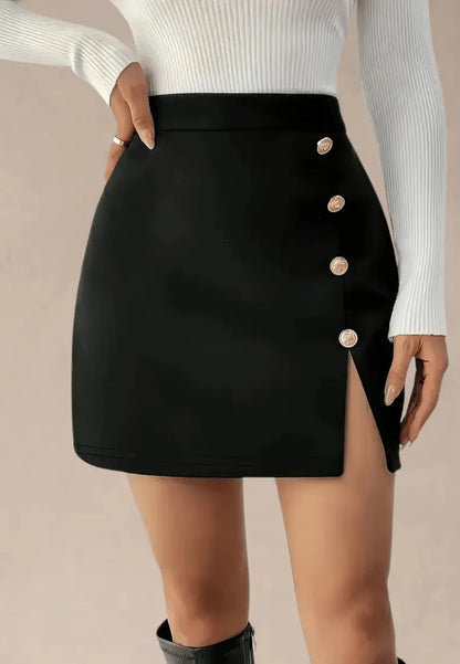 Czarna spódniczka damska dopasowana mini wysoki stan guziki z boku