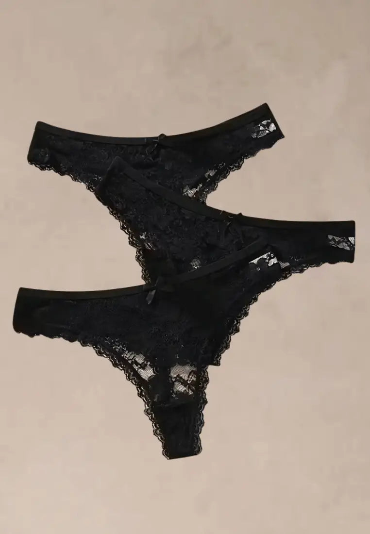 Zestaw 3 szt. stringi majtki damskie koronkowe bawełniane czarne