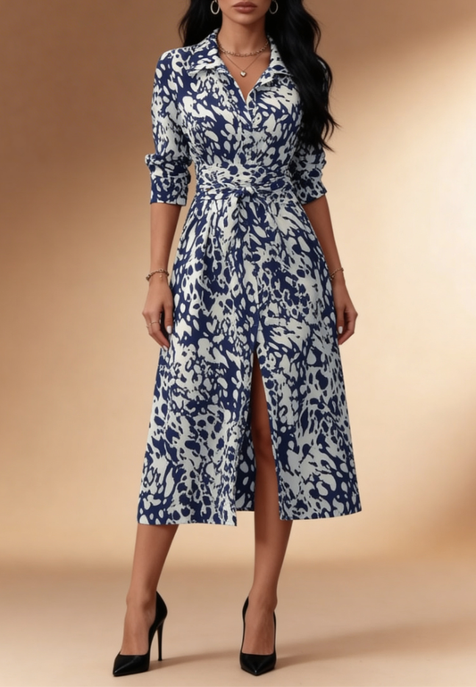 Niebieska sukienka koszulowa z printem wiązaniem i rozcięciem