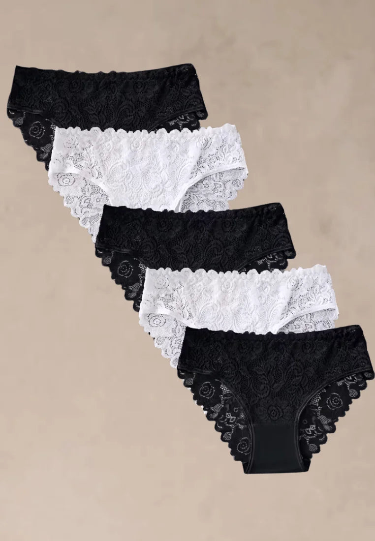 Zestaw 5 szt. figi majtki damskie bawełniane koronkowe w czerni i bieli