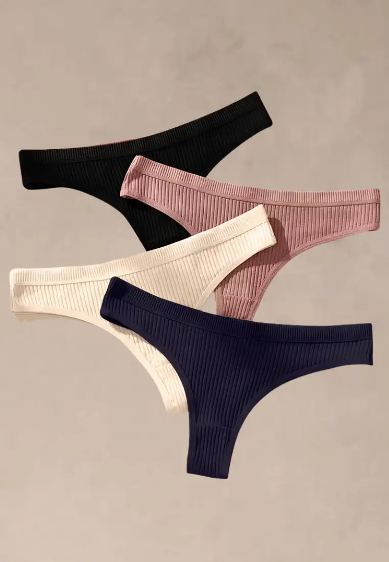 Zestaw 4 szt. stringi majtki damskie bawełniane prążkowane czarne, białe, pudrowe i granatowe