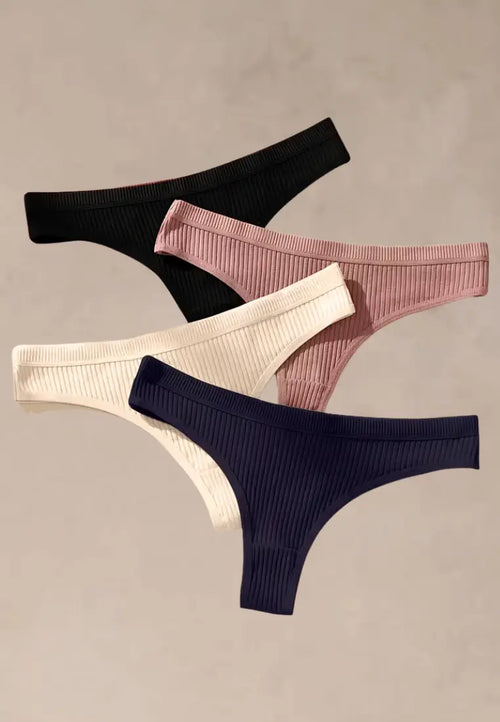 Zestaw 4 szt. stringi majtki damskie bawełniane prążkowane czarne, białe, pudrowe i granatowe