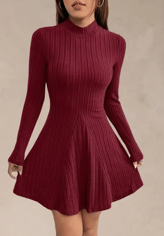 Bordowa sukienka dzianinowa z długim rękawem i stójką