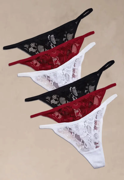 Zestaw 6 szt. stringi majtki damskie koronkowe bawełniane czarne, białe i czerwone