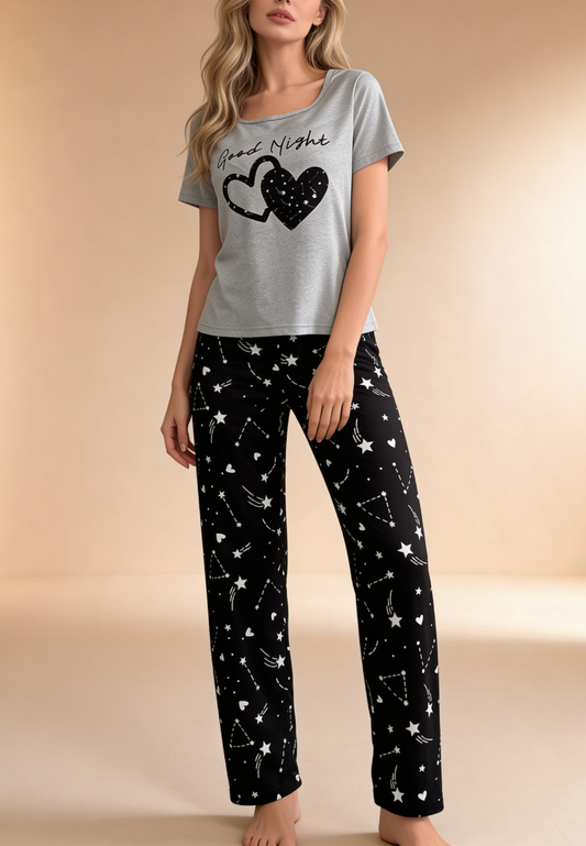 Szary komplet piżamowy damski z krótkim rękawem i długimi spodniami