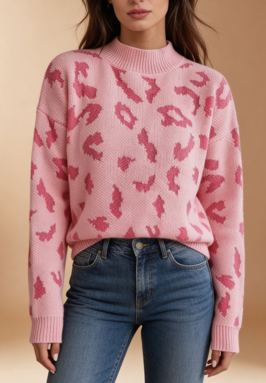 Różowy sweter damski z półgolfem i wzorem panterki