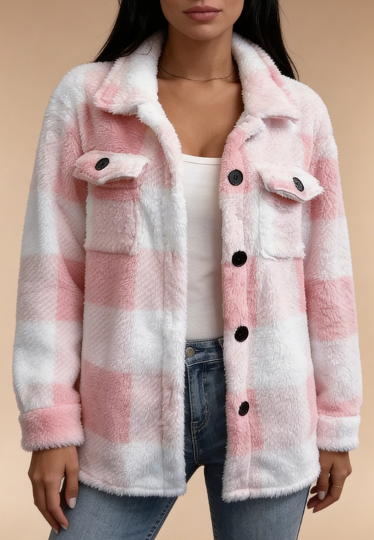 Różowa kurtka damska polarowa długa w kratę z guzikami