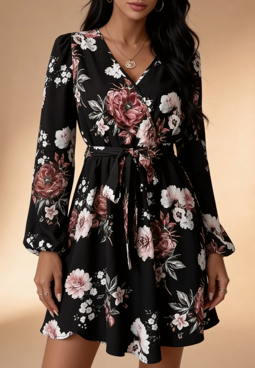 Czarna sukienka w kwiaty z kopertowym dekoltem i wiązaniem w talii