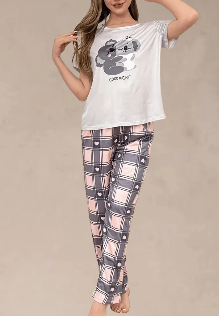 Komplet piżamowy damski z krótkim rękawem i długimi spodniami w kratę