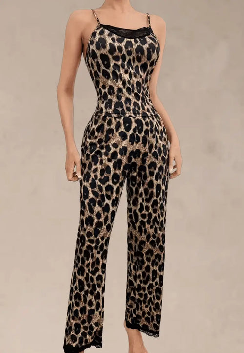 Brązowy komplet piżamowy damski na ramiączkach z długimi spodniami i koronką