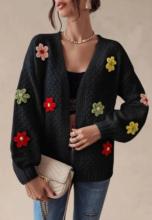 Czarny kardigan damski z kwiatami 3D bez zapięcia dzianina boho