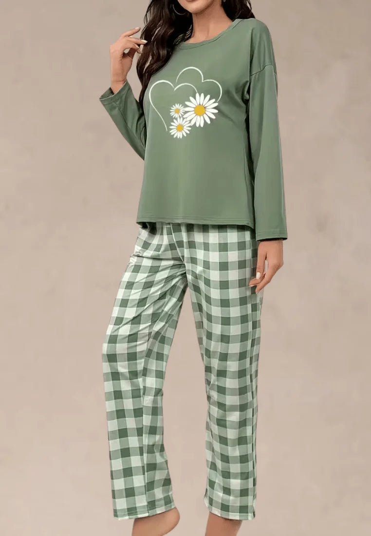 Zielony komplet piżamowy damski z długim rękawem i długimi spodniami w kratę