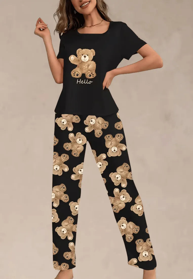 Czarny komplet piżamowy damski z krótkim rękawem i długimi spodniami z misiami