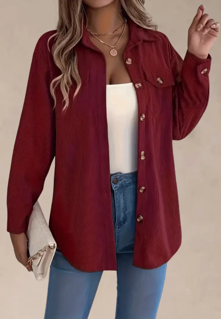 Bordowa koszula damska sztruksowa z kieszenią i złotymi guzikami
