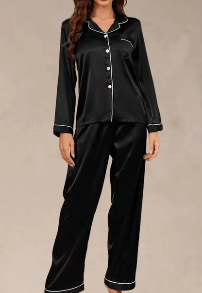 Czarny komplet piżamowy damski satynowy z długim rękawem i długimi spodniami