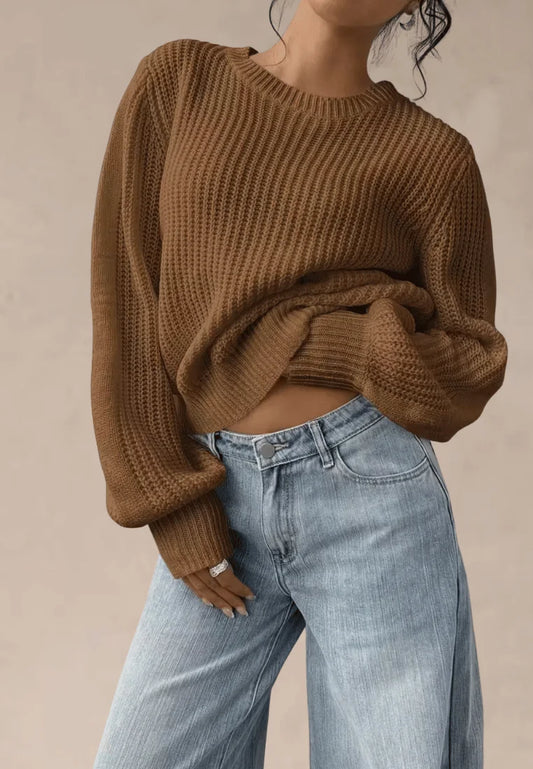 Brązowy sweter damski oversize o grubym splocie