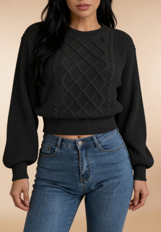 Czarny sweter damski z asymetrycznym wzorem