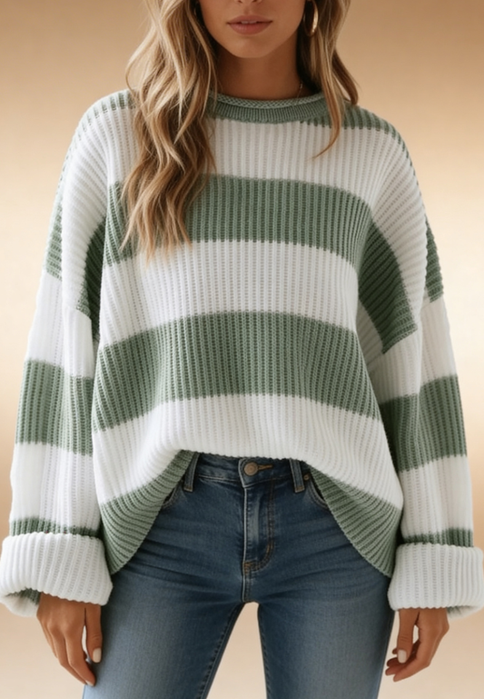 Zielono-biały sweter damski oversize w poziome pasy