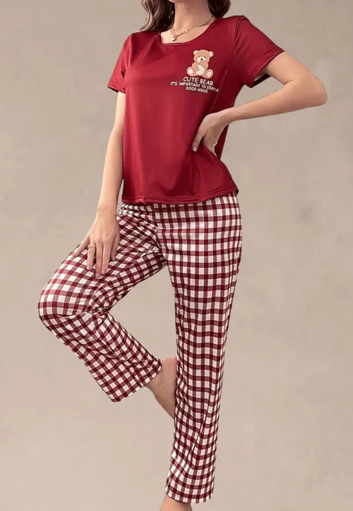 Czerwony komplet piżamowy damski z krótkim rękawem i długimi spodniami w kratę