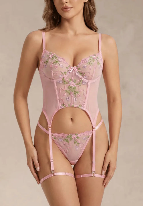 Różowy zestaw bielizny damski haftowany z gorsetem i pasami do pończoch