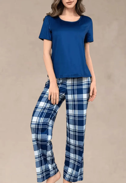 Granatowy komplet piżamowy damski z krótkim rękawem i długimi spodniami w kratę