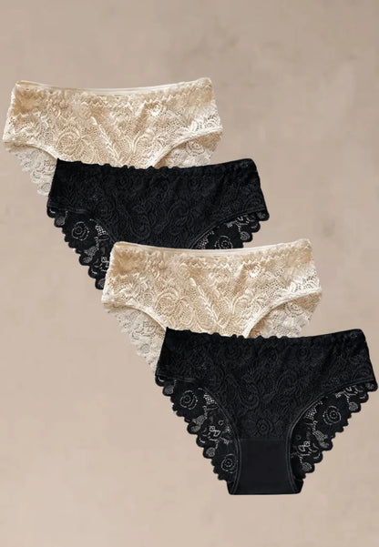 Zestaw 4 szt. figi majtki damskie bawełniane koronkowe w czerni i beżu