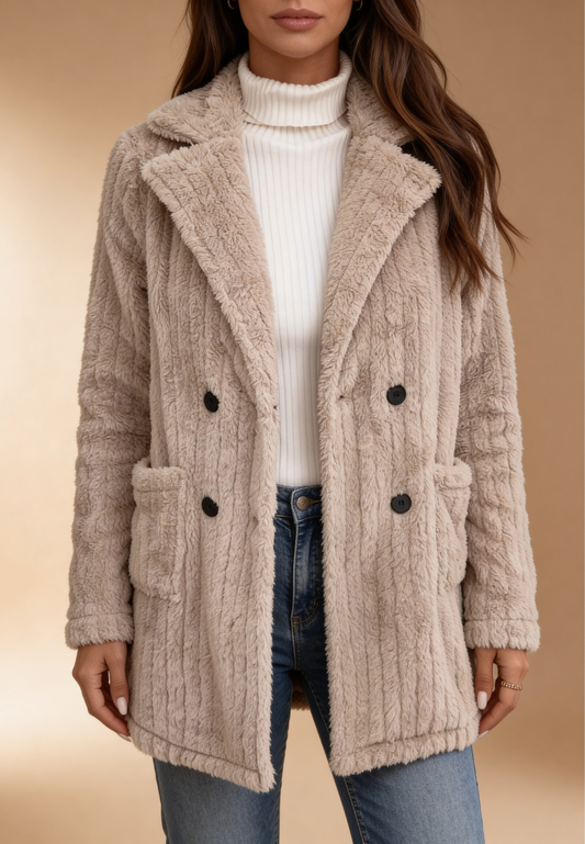 Beżowa kurtka damska polarowa długa z kieszeniami i guzikami