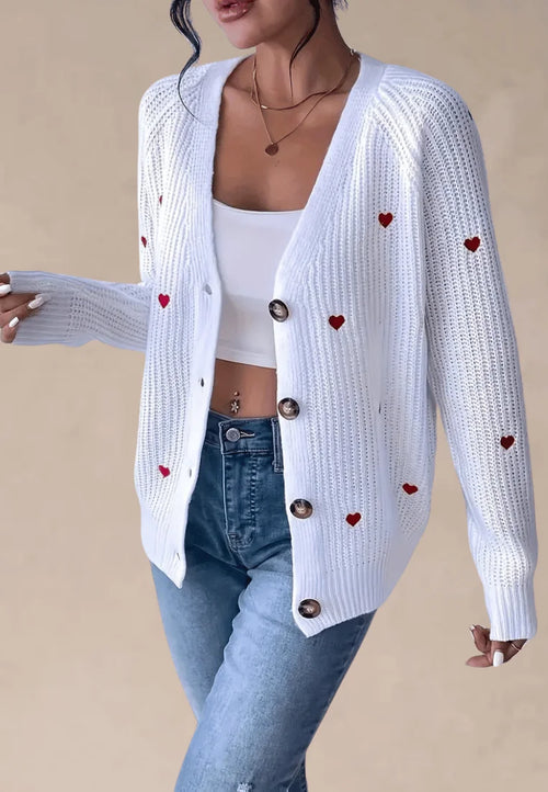 Kardigan damski na guziki z czerwonymi serduszkami
