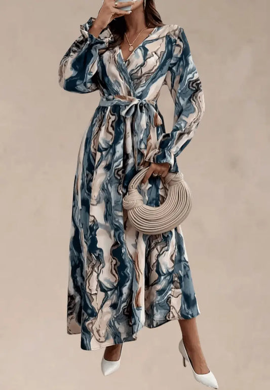 Zielono‑beżowa sukienka kopertowa marmurkowy wzór z paskiem i długim rękawem