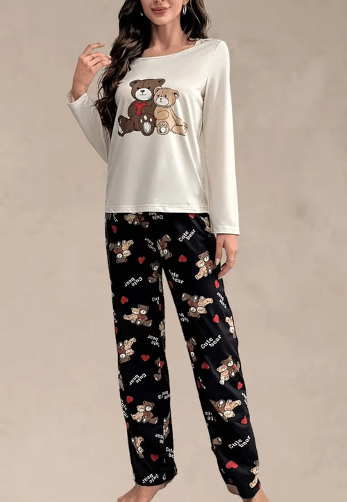Komplet piżamowy damski z długim rękawem i długimi spodniami z misiami