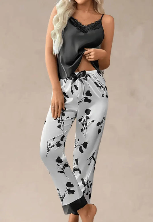 Czarny komplet piżamowy damski top na ramiączkach i długie spodnie satynowe