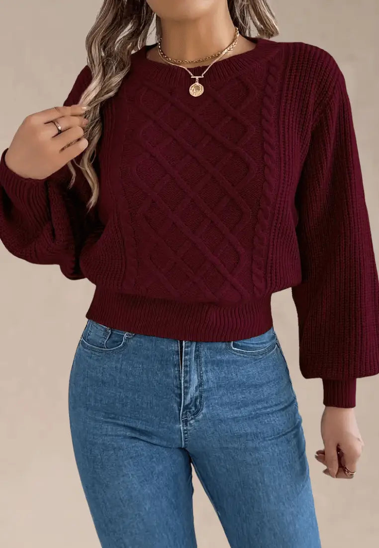 Bordowy sweter damski z asymetrycznym wzorem