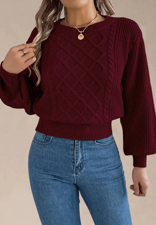 Bordowy sweter damski z asymetrycznym wzorem
