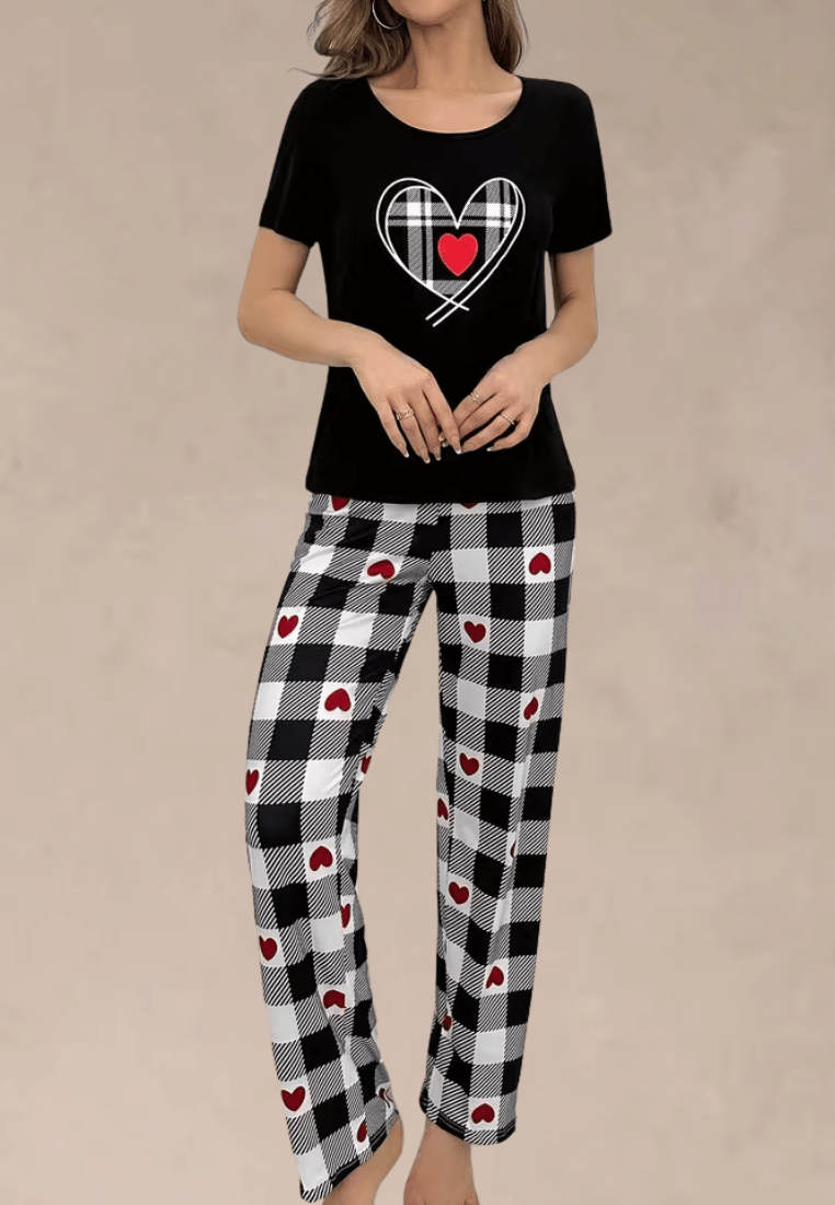 Komplet piżamowy damski z krótkim rękawem i długimi spodniami w kratę