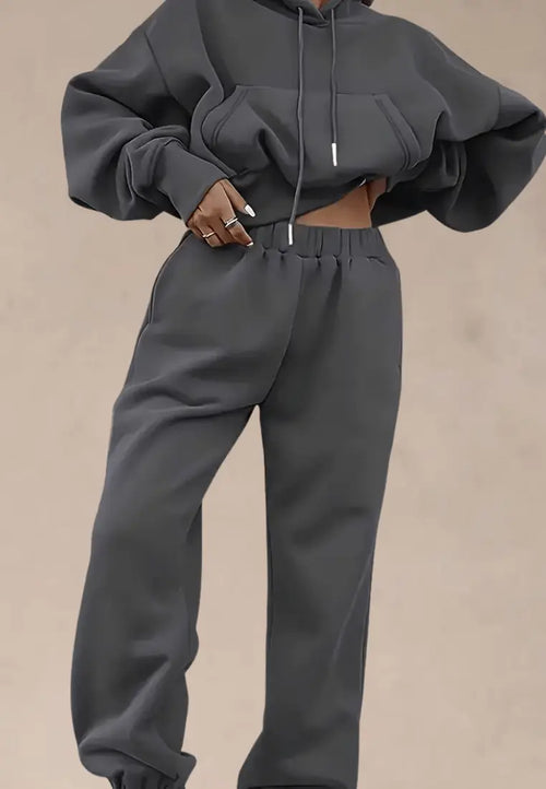 Grafitowy komplet dresowy damski z kapturem i szeroką kieszenią