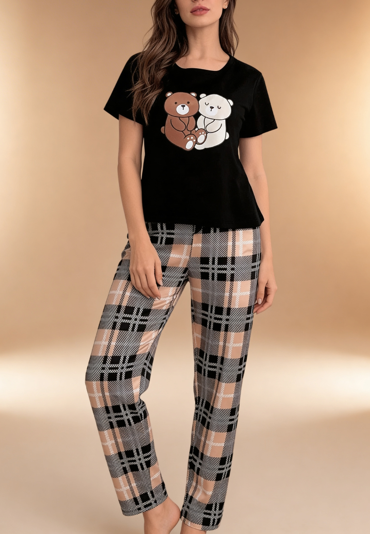 Czarny komplet piżamowy damski z krótkim rękawem i długimi spodniami