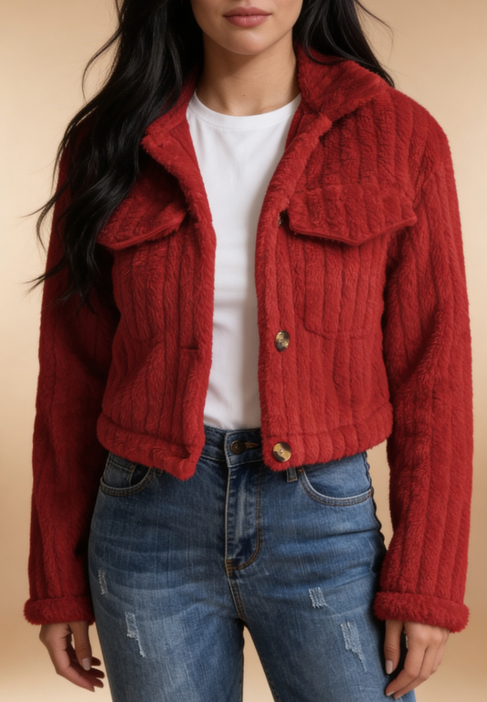 Czerwona kurtka damska polarowa krótka z guzikami i kieszeniami