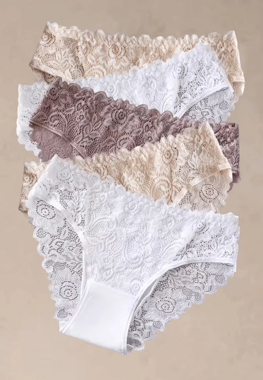 Zestaw 5 szt. figi majtki damskie bawełniane koronkowe w nude i bieli