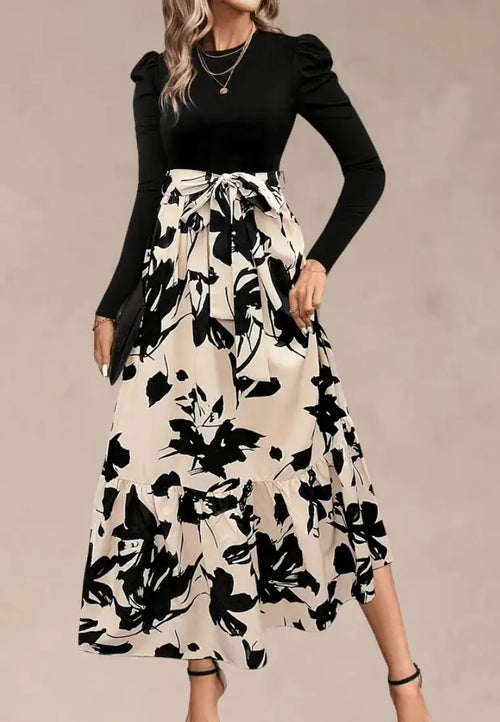 Czarna sukienka z beżową spódnicą maxi z printem i wiązaniem