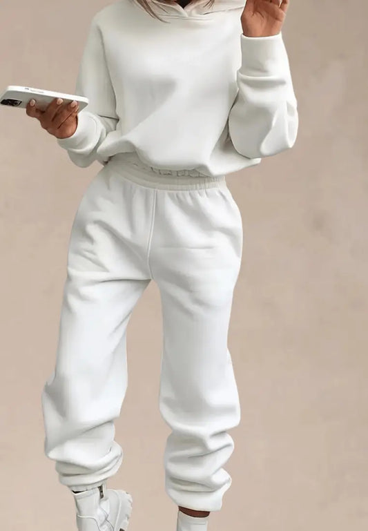 Biały komplet dresowy damski z kapturem i elastyczną talią