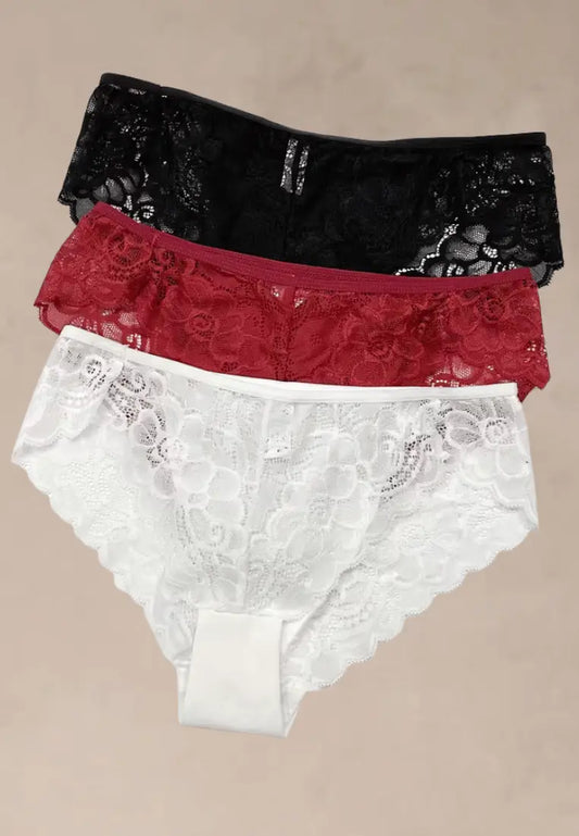 Zestaw 3 szt. figi majtki damskie koronkowe bawełniane czarne, białe i czerwone