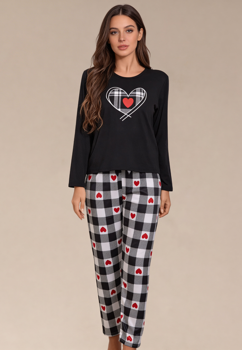 Czarny komplet piżamowy damski z długim rękawem i spodniami w serca