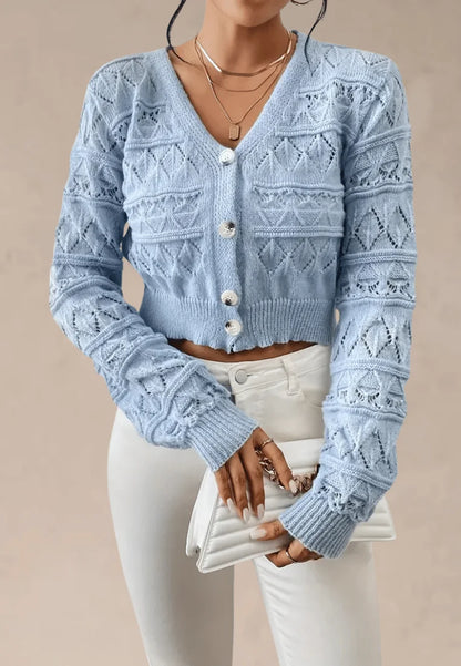 Błękitny kardigan damski ażurowy krótki fason perełkowe guziki