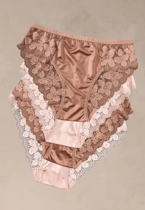 Zestaw 4 szt. figi majtki damskie koronkowe bawełniane beżowe i pudrowe