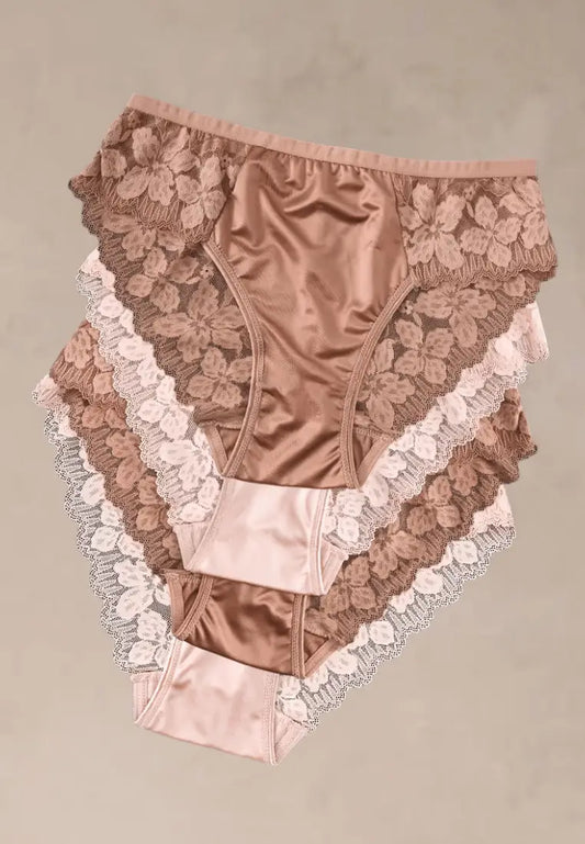 Zestaw 4 szt. figi majtki damskie koronkowe bawełniane beżowe i pudrowe