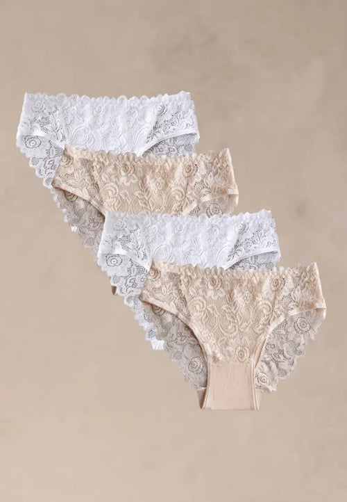 Zestaw 4 szt. figi majtki damskie koronkowe bawełniane białe i beżowe
